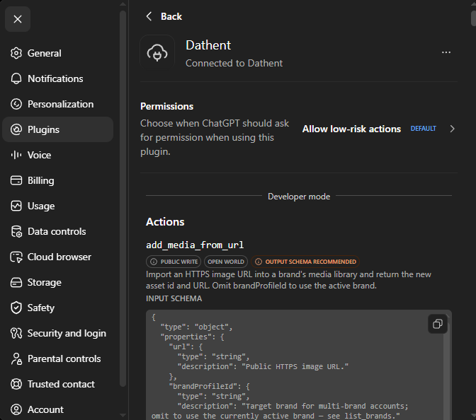 The Dathent plugin page listing loaded actions after refreshing