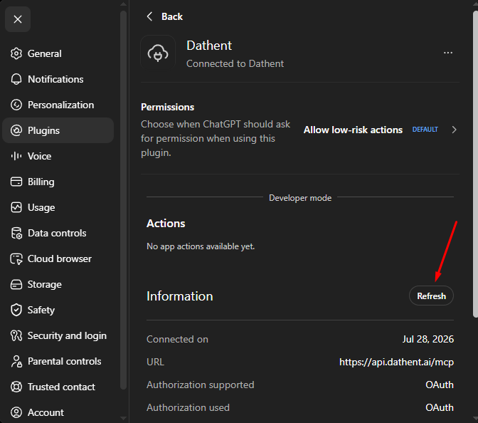 The connected Dathent plugin page showing no actions yet and the Refresh button